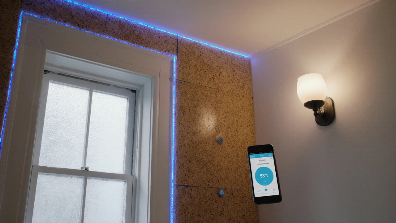 Intelligente Innendämmung mit Korkplatten und Feuchtigkeitssensoren, die Luftfeuchtigkeit in Echtzeit überwachen.