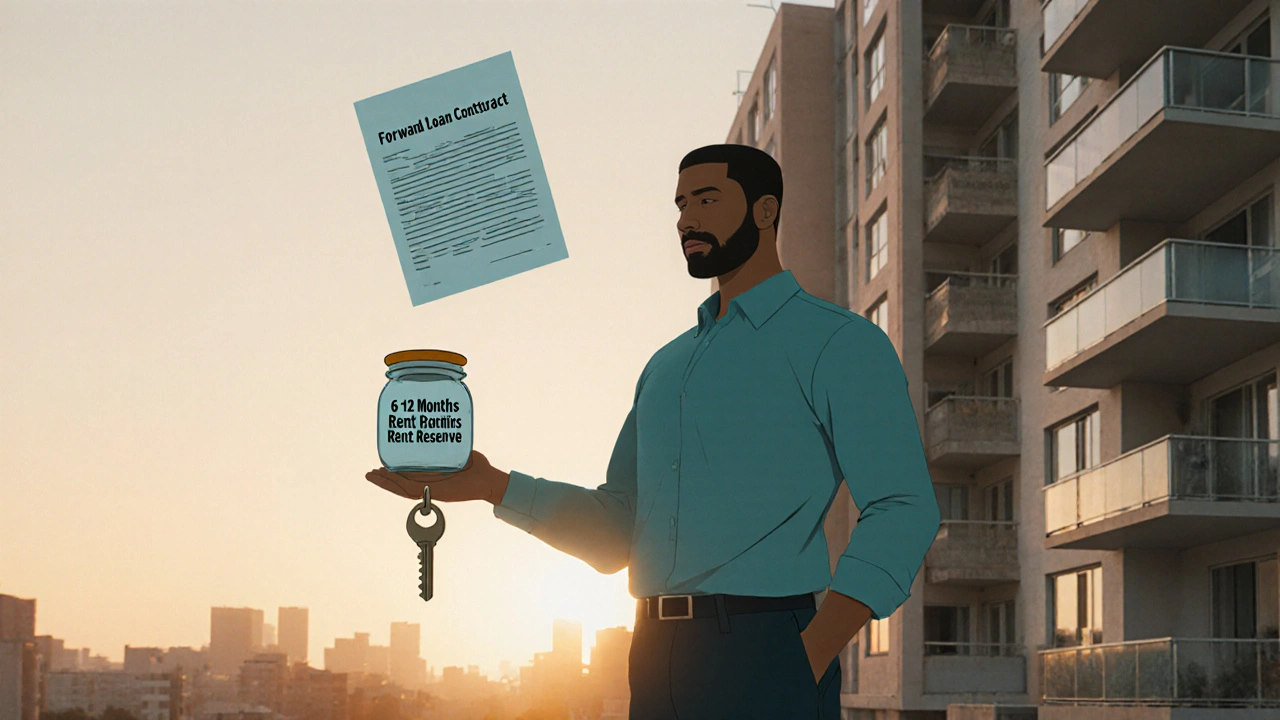 Investor hält Schlüssel und Sparglas mit Mietreserve vor Wohngebäude bei Sonnenaufgang.