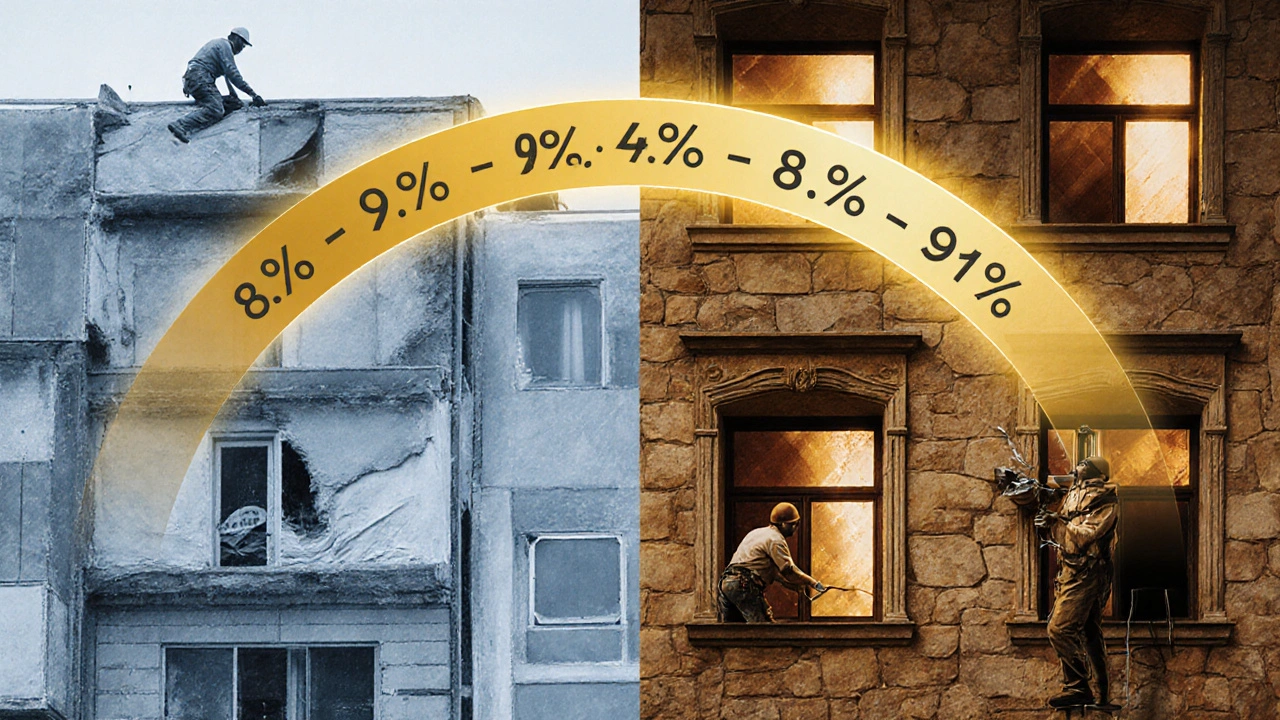 Kontrast zwischen moderner Renovierung und traditioneller Denkmalpflege an Fassaden.