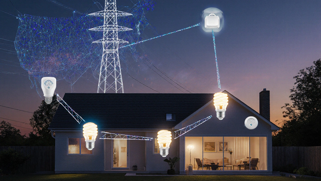 Konzeptbild eines Smart-Home-Netzwerks mit vernetzten LED-Leuchten und KI, die Licht vorhersagt und steuert.