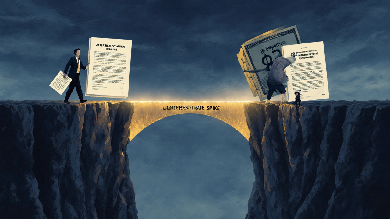 Mensch überquert Brücke aus Finanzpapieren, während Schulden in einem Abgrund liegen.