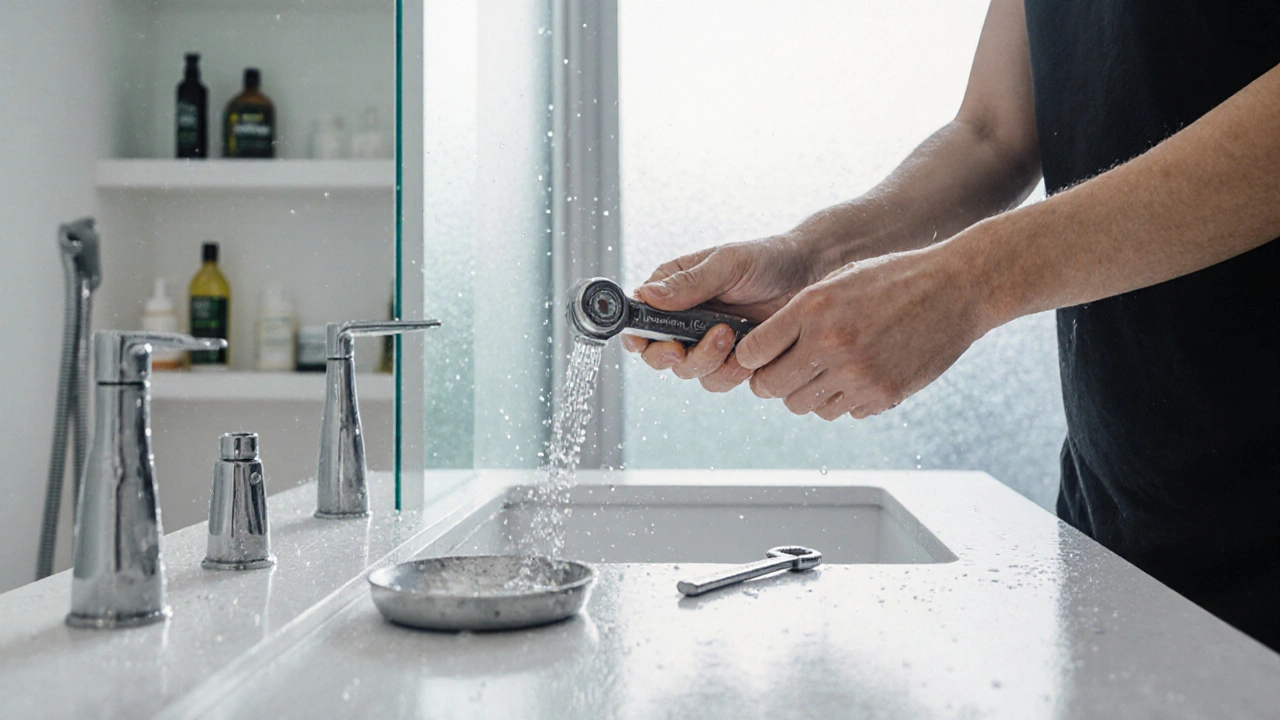 Person installiert einen Wassersparregler an der Duschleitung