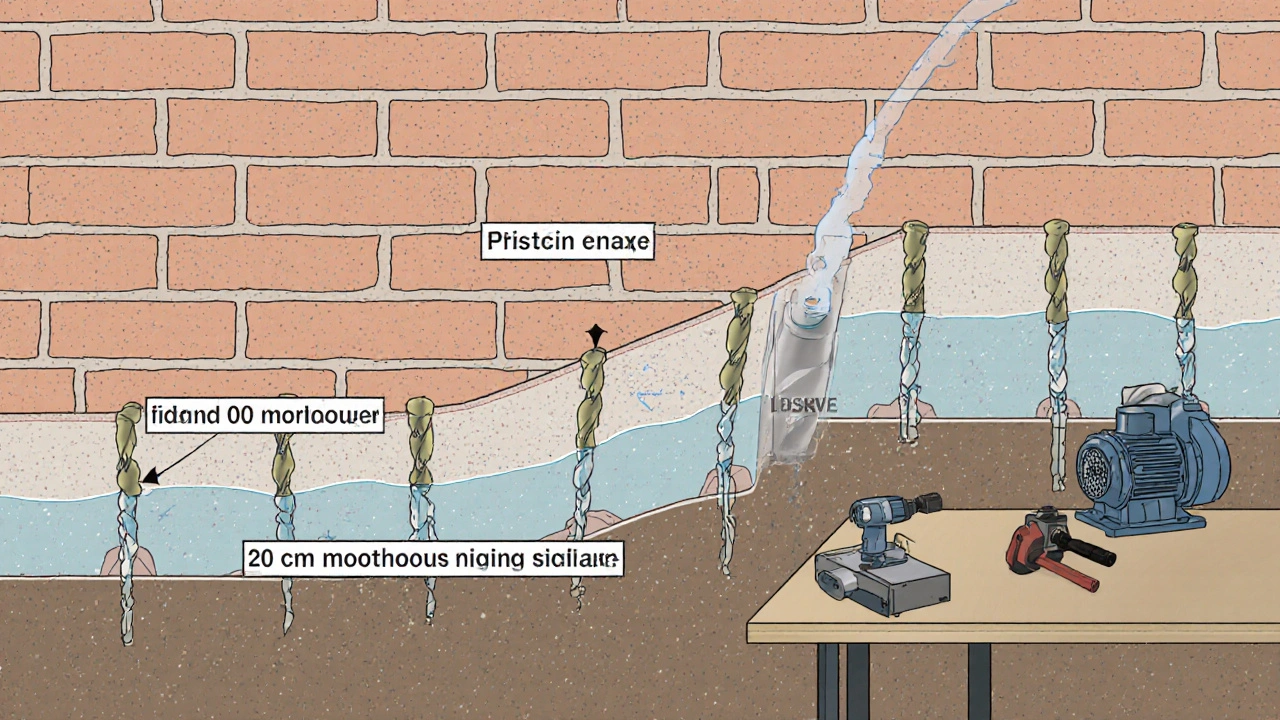 Querschnitt einer Mauer mit chemischer Horizontalsperre, die Feuchtigkeit stoppt