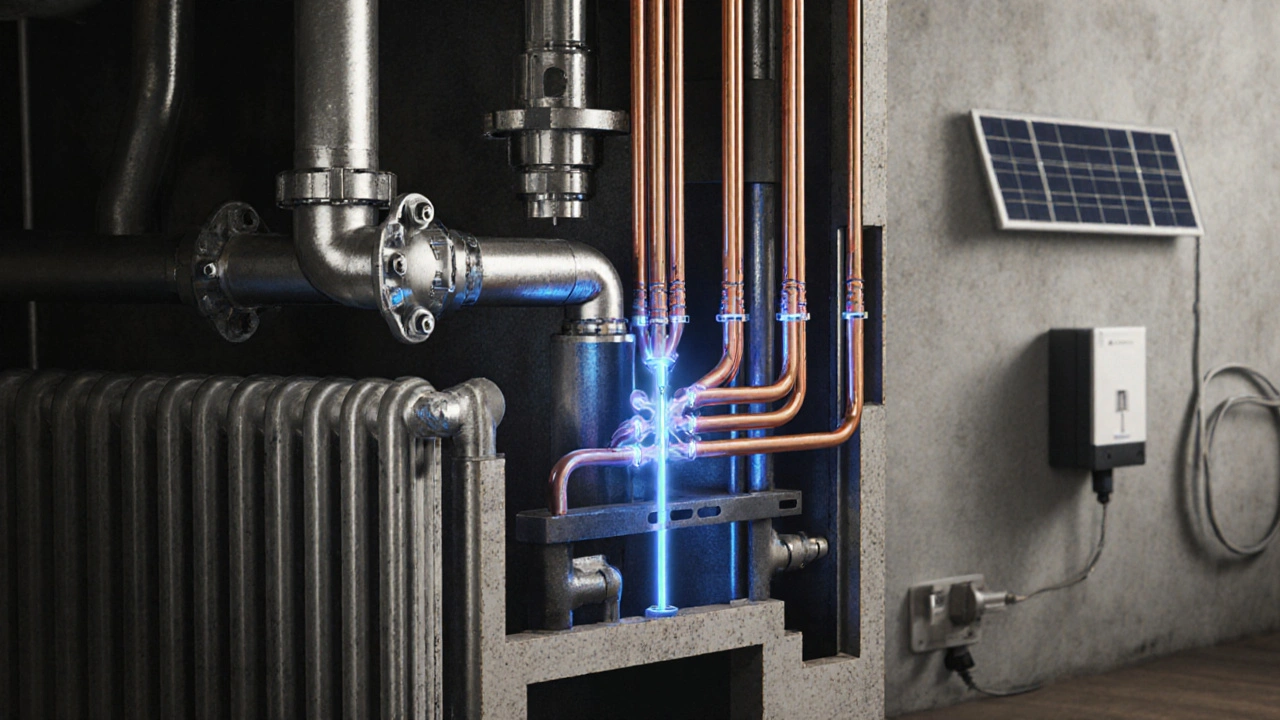 Querschnitt eines Gebäudes mit allen metallischen Teilen durch Kupferleitungen gleichpotenziell verbunden.