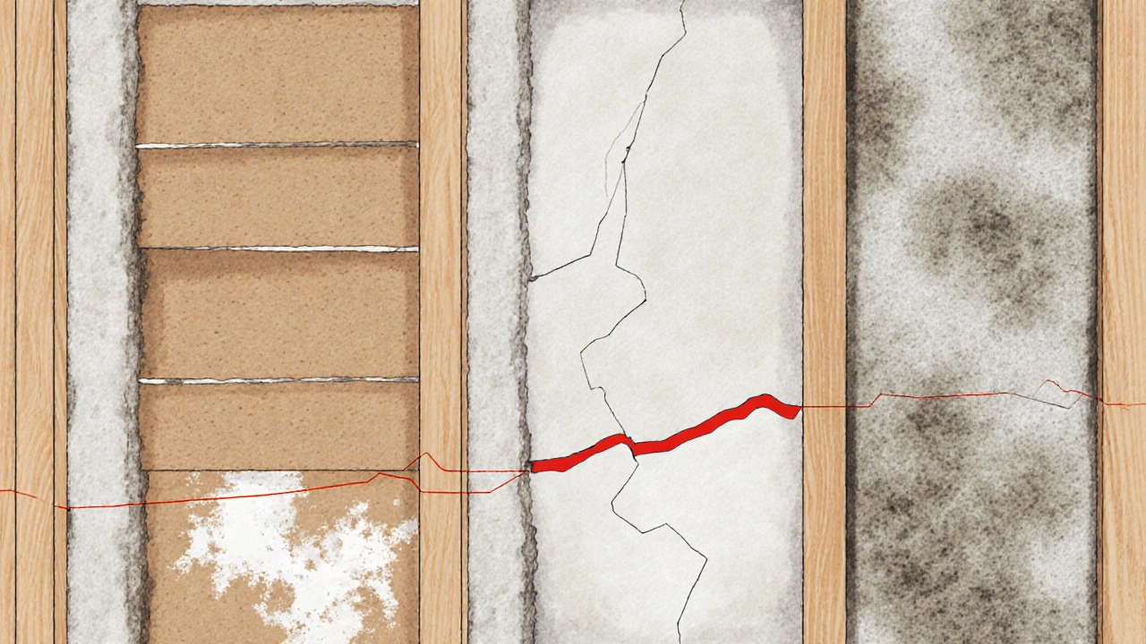 Querschnitt vergleichend: Holzweichfaser und Kalziumsilikat regulieren Feuchtigkeit, Polystyrol mit Kondenswasser und Schimmel.