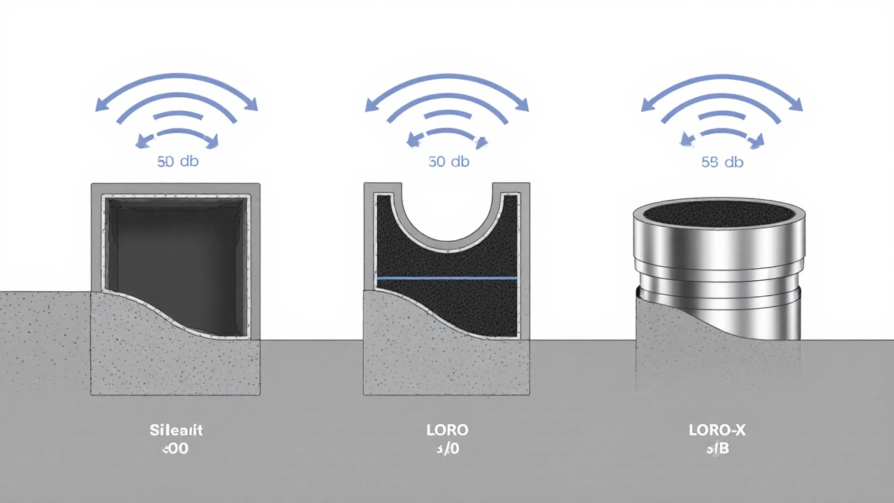 Querschnittsvergleich dreier Abwasserrohrsysteme mit unterschiedlicher Schalldämmung und Körperschallentkopplung.