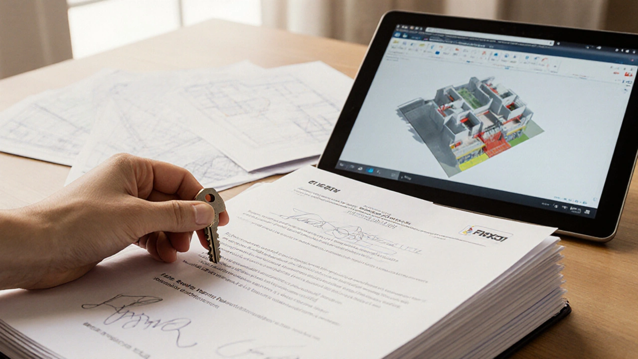 Schlüssel und Gutachten auf einem Tisch mit den erforderlichen Dokumenten, symbolisch für eine sichere Immobilienübernahme.
