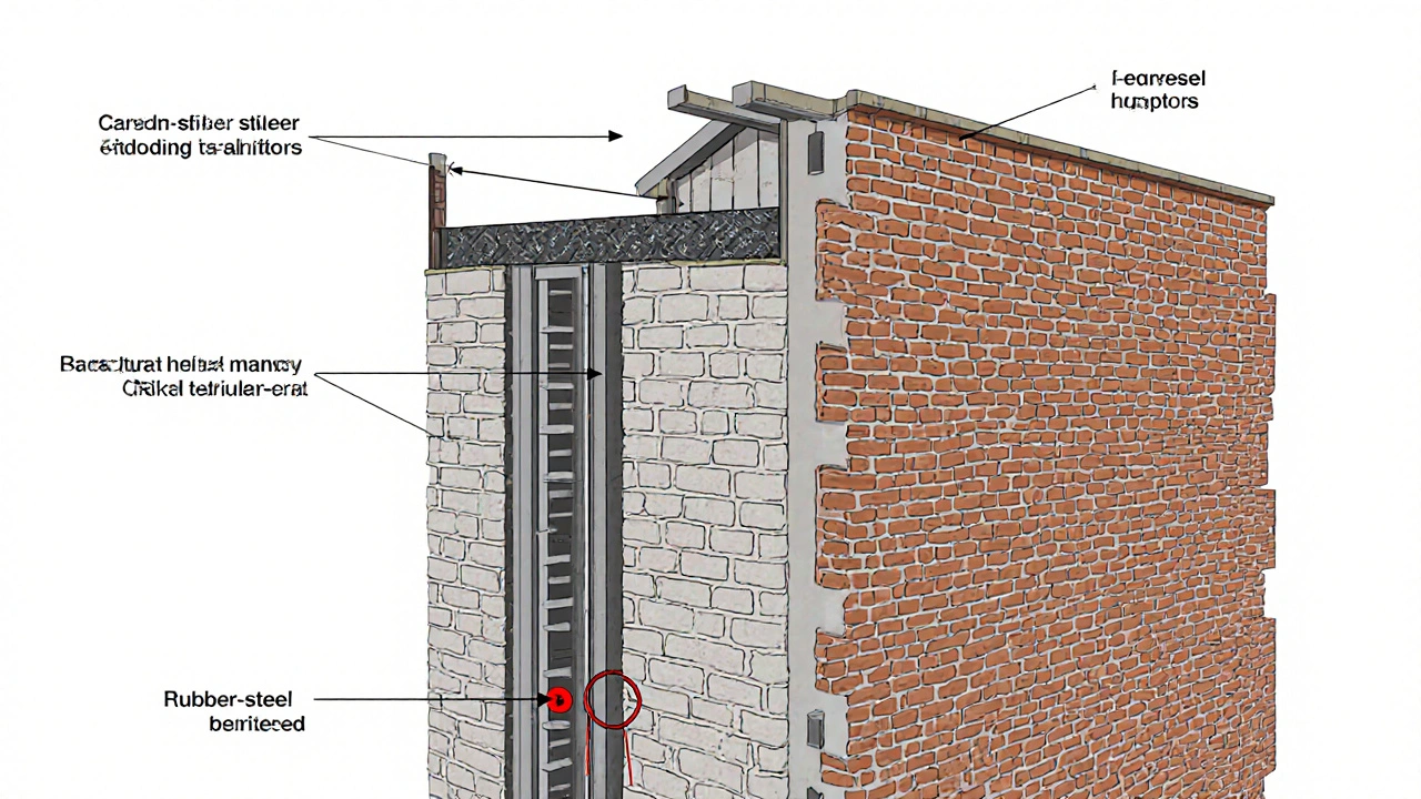 Schnittansicht eines Gebäudes mit verborgenen Stahlträgern, Carbonfasern und Fundamentisolatoren zur Erdbebensicherung.