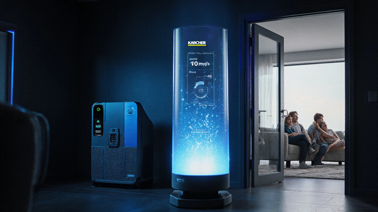 Smartes Luftreinigungssystem mit Echtzeit-Datenanzeige und Wasserfiltertechnik in einer renovierten Wohnung.