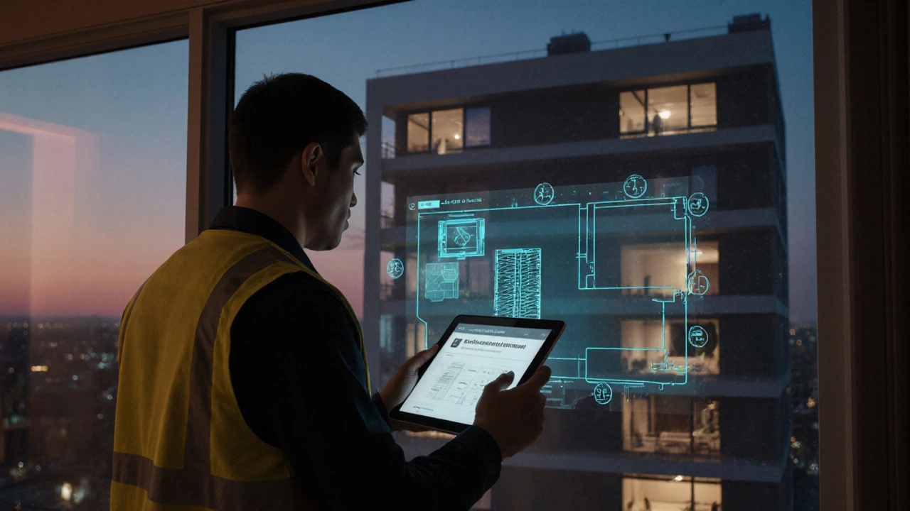 Techniker analysiert ein digitales Zwillingsmodell eines Gebäudes mit Echtzeit-Sensordaten auf einem Tablet.