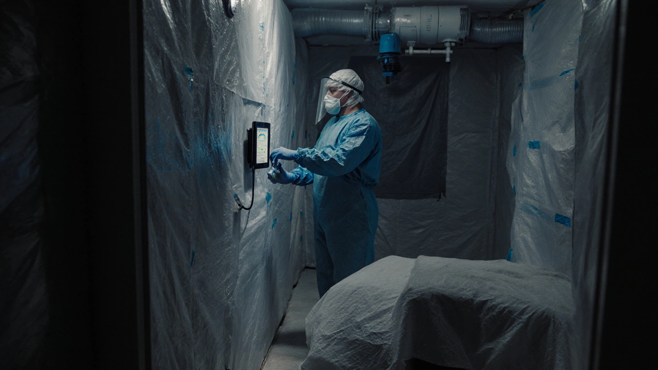 Techniker misst die Luftqualität in einem staubdicht abgeschlossenen Arbeitsbereich mit digitaler Anzeige.