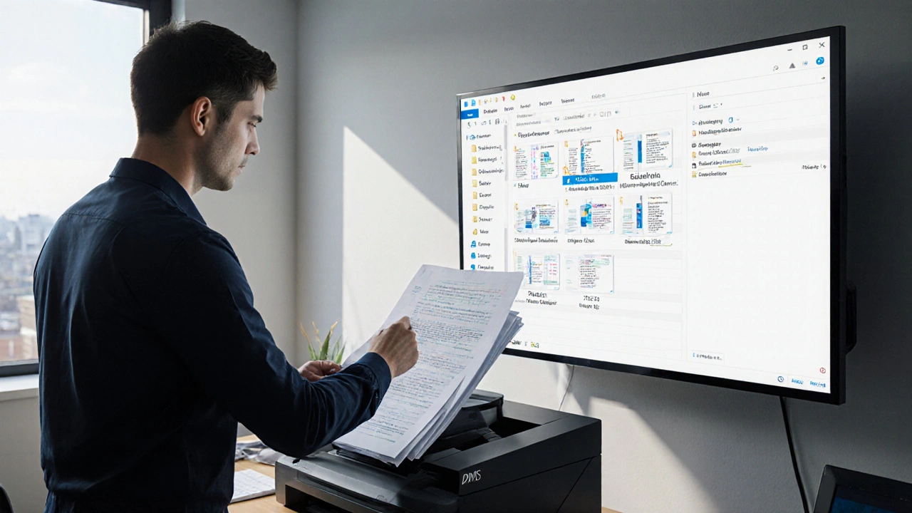 Techniker scannt Baugutachten, während ein DMS-System Dokumente automatisch mit Metadaten kennzeichnet.