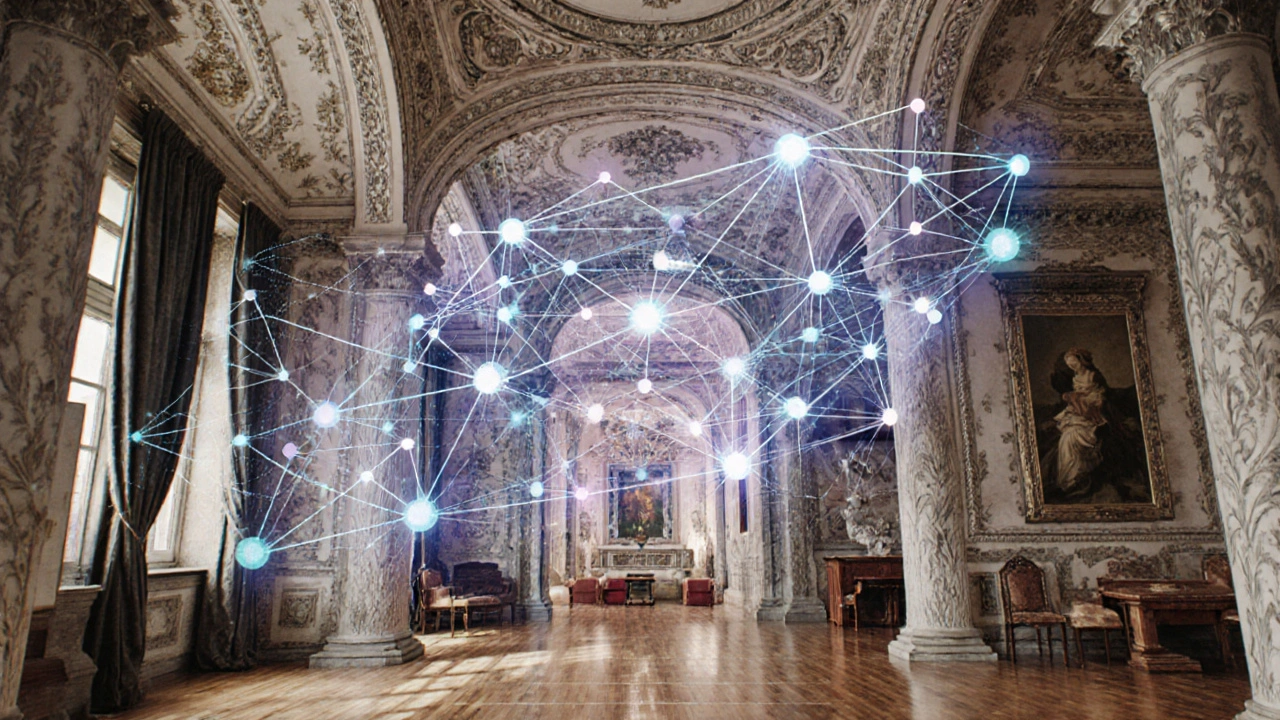 Transparenz-Konzept: Ein digitaler Algorithmus über einem historischen Haus, der architektonische Details ignoriert und nur Daten wie Baujahr und Quadratmeter erfasst.