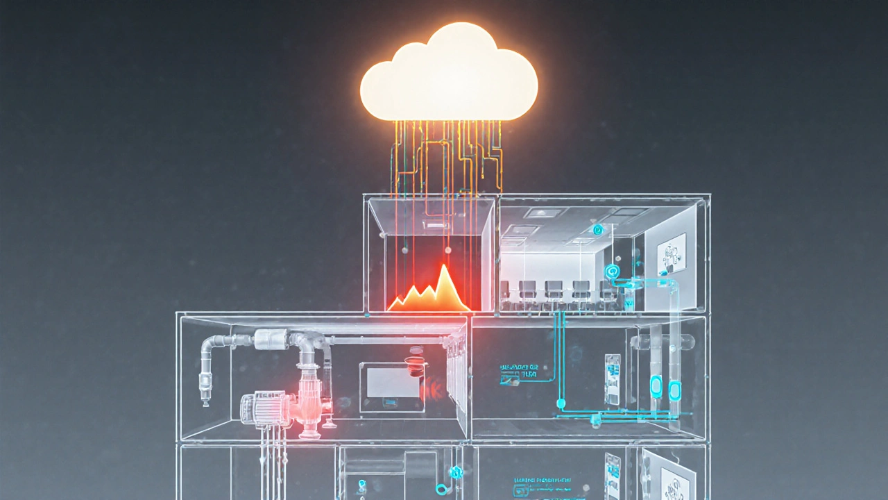 Transparenzansicht eines Gebäudes mit Sensoren und Datenströmen, die Energieverbrauch und Anomalien anzeigen.