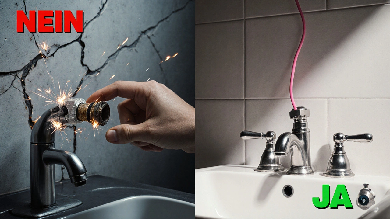 Vergleich: Gefährliche fehlende Potenzialausgleichsverbindung links vs. sichere, korrekte Verbindung rechts.