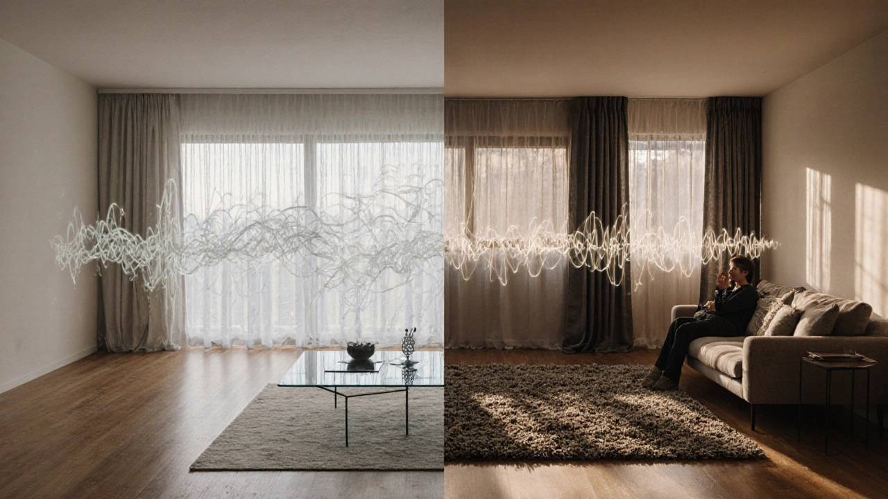 Vergleich: Lärmiges Wohnzimmer links, ruhiges, akustisch optimiertes Wohnzimmer rechts mit Teppich, Paneelen und Vorhängen.