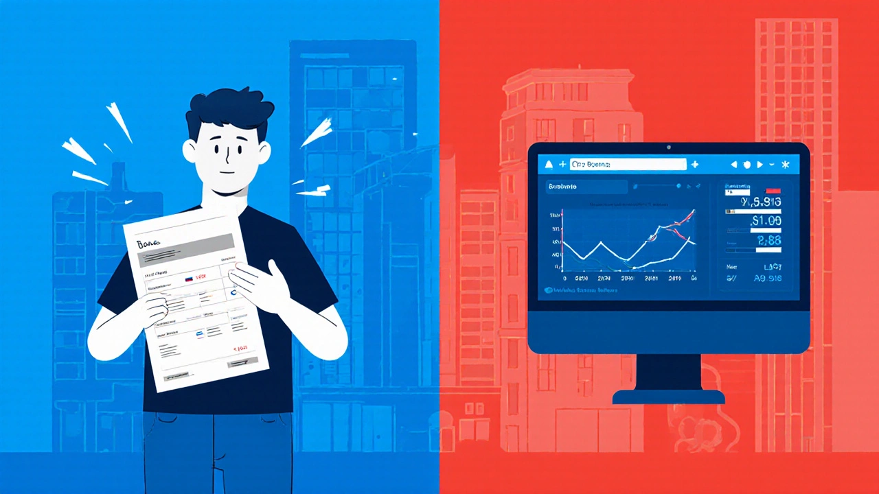 Vermieter mit Bankauszug neben digitalem Dashboard, zeigt traditionelle vs. technische Vermietungsstrategien.
