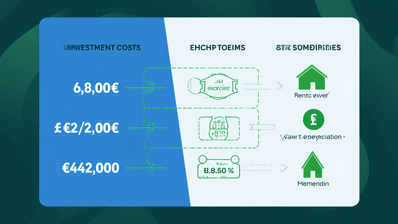 Visuelle Darstellung der ROI-Berechnung für eine Mietimmobilie mit Kosten, Mieteinnahmen und Förderungen.