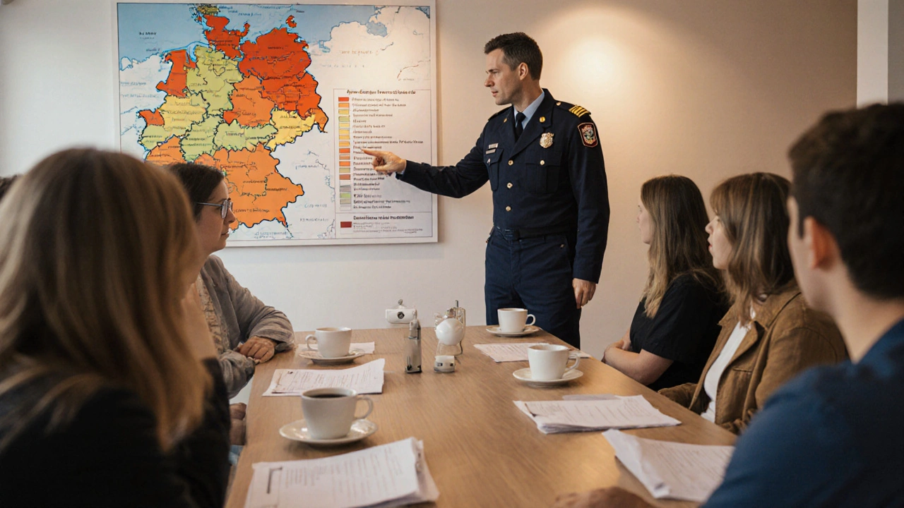 Wohnungseigentümer besprechen Brandschutzanforderungen mit Feuerwehr