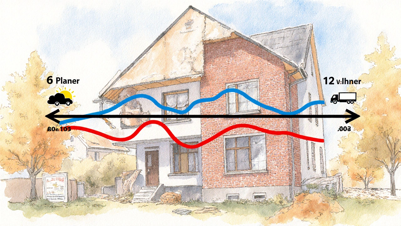 Zeitlinie zeigt Verzögerungen bei der Sanierung eines Altbauhauses durch Wetter und Lieferengpässe.