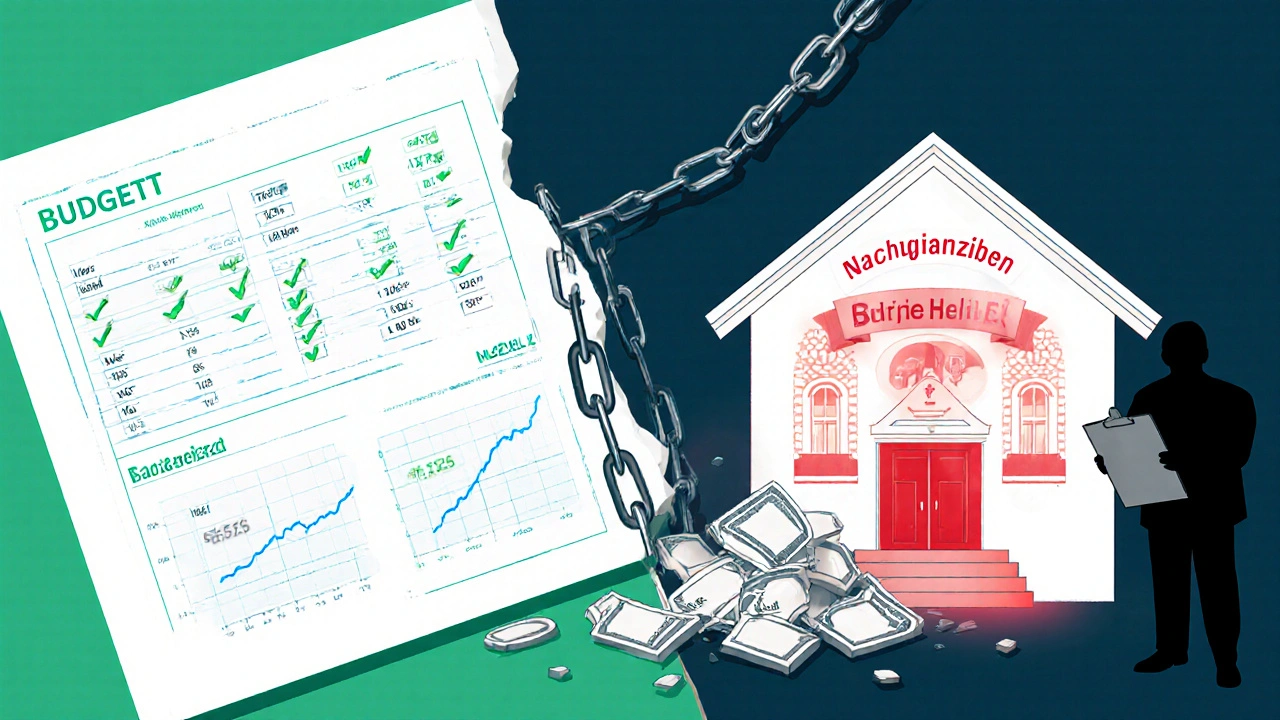 Zwei Seiten eines Hauses: geplant vs. überlastet durch Nachfinanzierung mit roten Zinsen