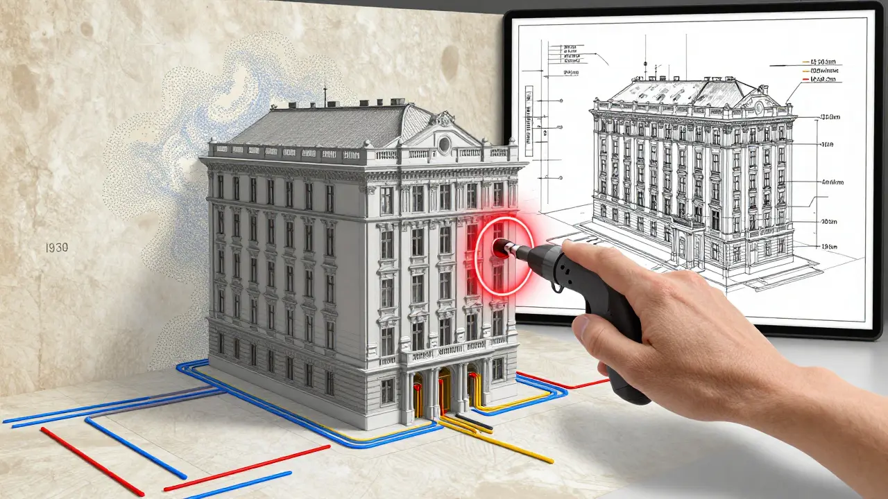 3D-Modell eines Altbau-Gebäudes mit farblich gekennzeichneten Leitungen und Warnhinweis vor einer versteckten Pipeline.