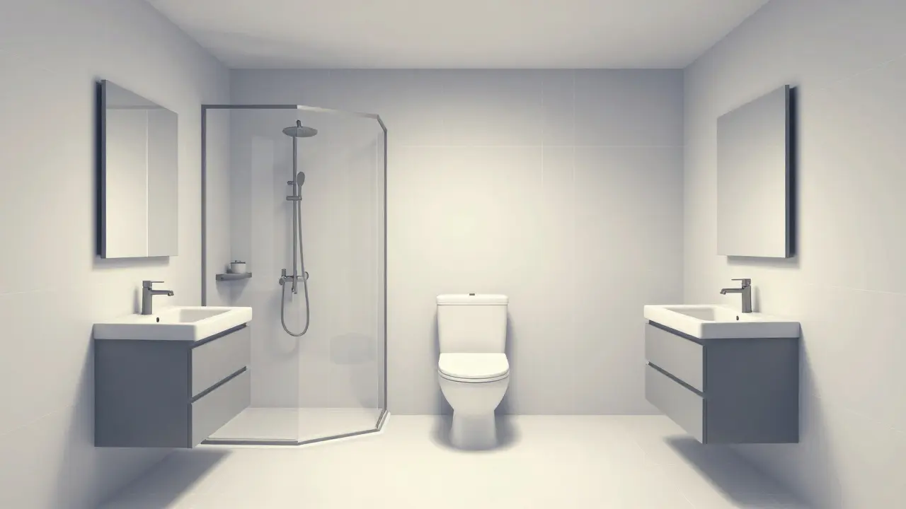 3x3 m Bad mit Eckdusche, Waschbecken an der Gegenwand und klarem Durchgang von 70 cm, moderne, unclutterte Gestaltung.