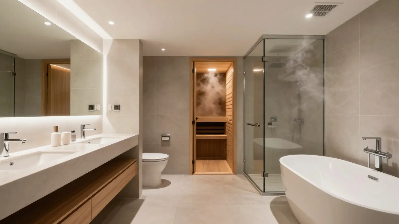 4x3 m Bad mit drei Zonen: Waschbereich, WC und Dusche, Badewanne an der Wand, Saunaecke, breite Gänge, warmes Licht.