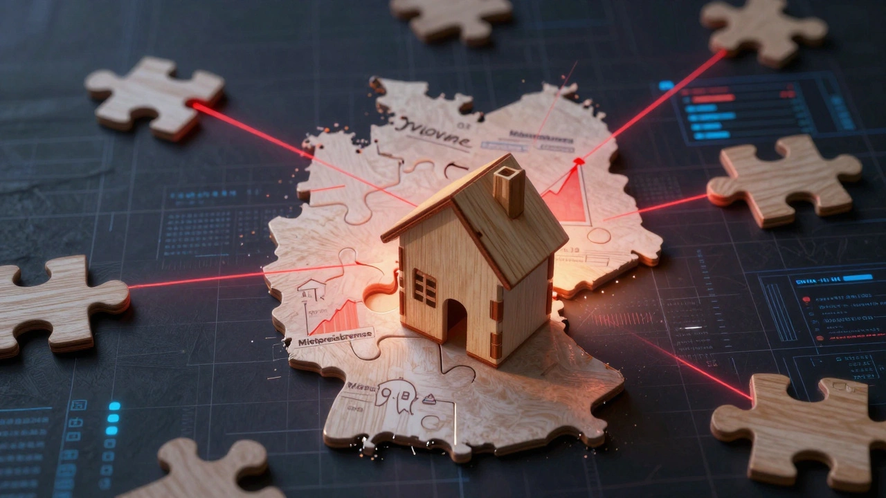 A house-shaped puzzle piece connected to rising interest rates and AI data streams on a German map.