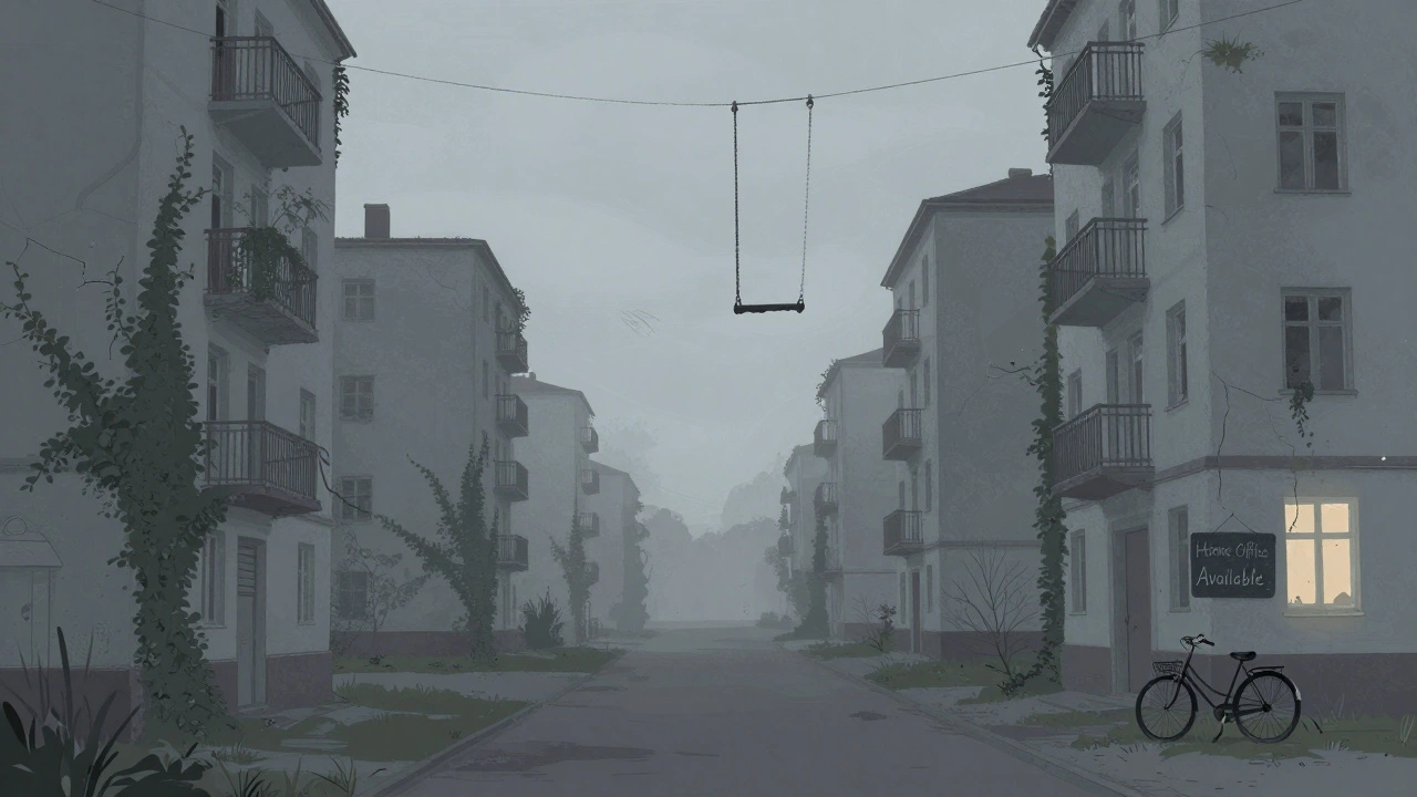 Abandoned village street in Eastern Germany with overgrown buildings and a single &#039;Home Office Available&#039; sign.