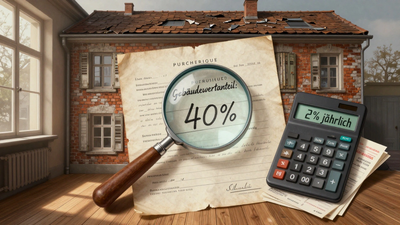 Altösterreichisches Wohnhaus mit verwitterter Fassade und Dokumenten zum Gebäudewertanteil von 40%.