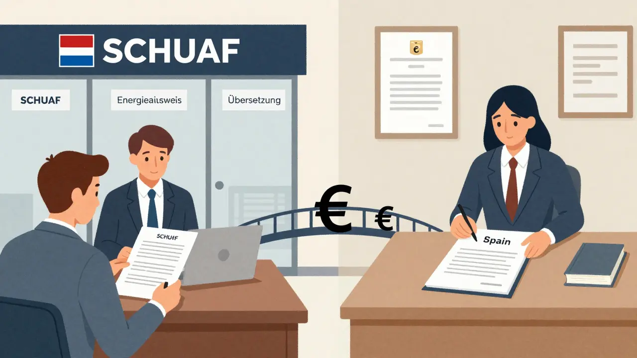 Bankmitarbeiter prüft Dokumente für Auslandsimmobilie, neben einem spanischen Notar.