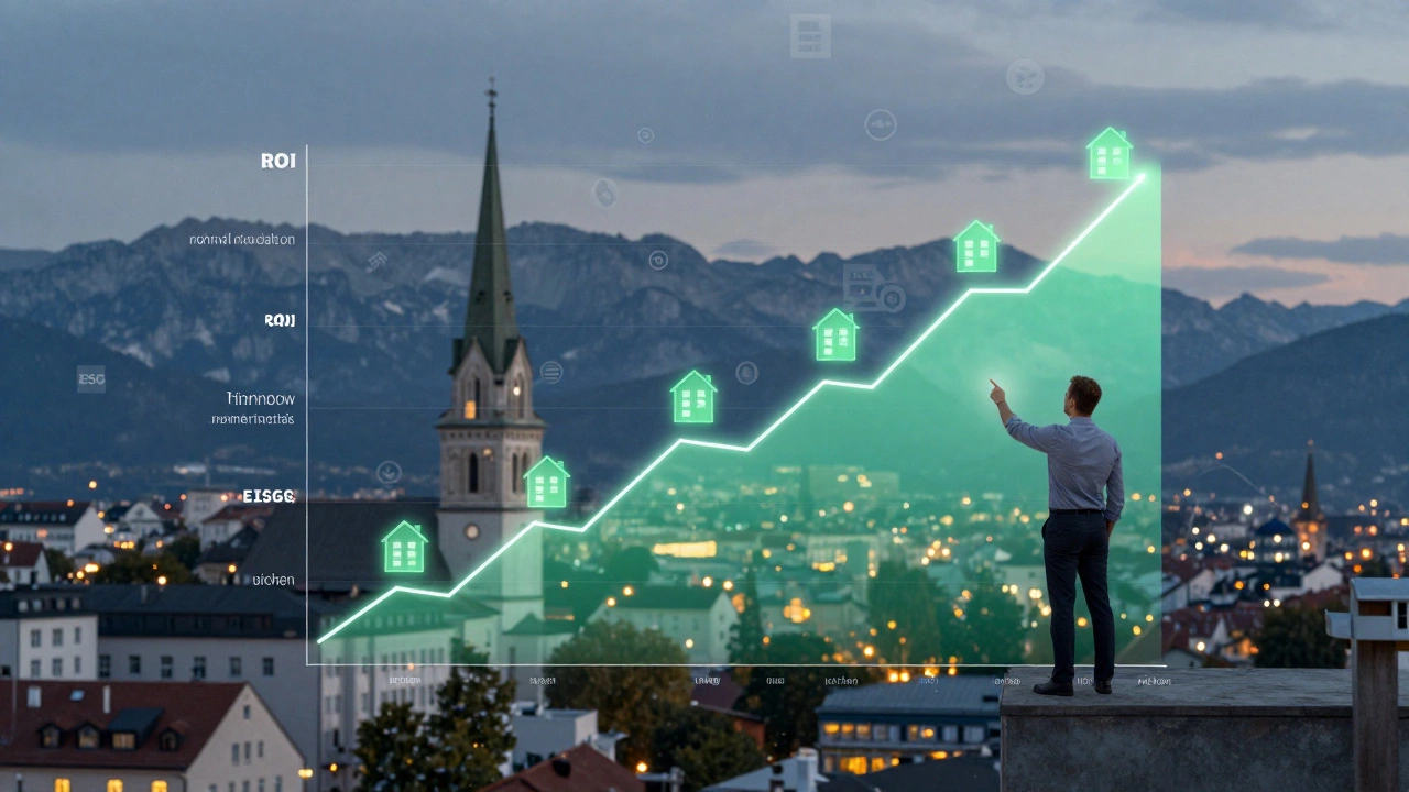 Digitaler Dashboard-Überblick mit steigenden Renditen durch energetische Sanierungen in einer Stadt.