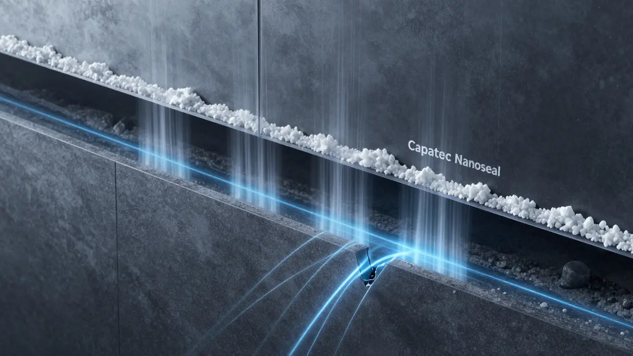 Durchschnittsansicht einer Wand mit aufsteigender Feuchtigkeit und schützender Nanobeschichtung.