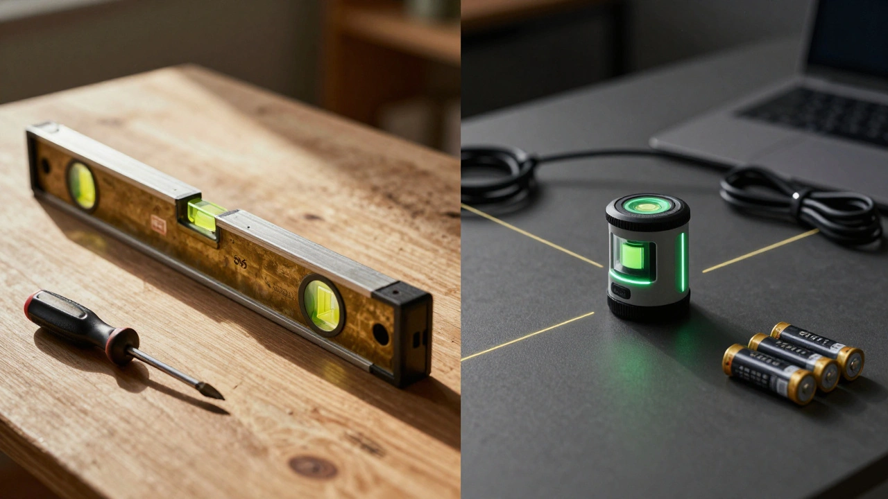 Ein alter Wasserwaage und ein modernes Lasergerät nebeneinander – Tradition trifft Technik.