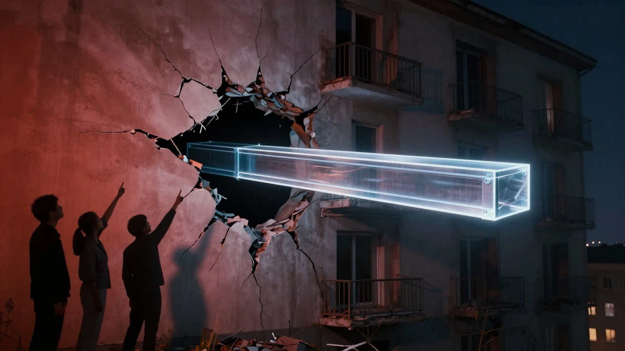 Ein eingebrochener Wohnbereich neben einem unsichtbaren, sicheren Stahlträger.