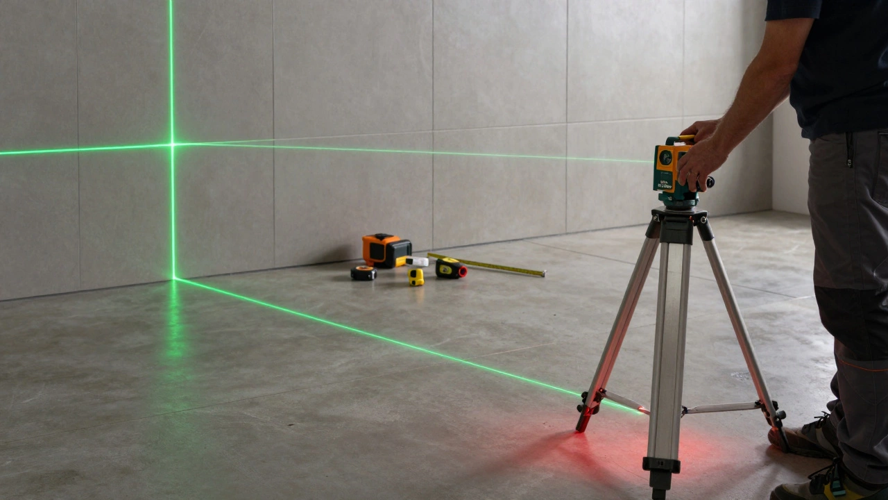 Ein Laser-Nivelliergerät projiziert grüne Linien auf eine geflieste Wand in einem Werkstattbereich.