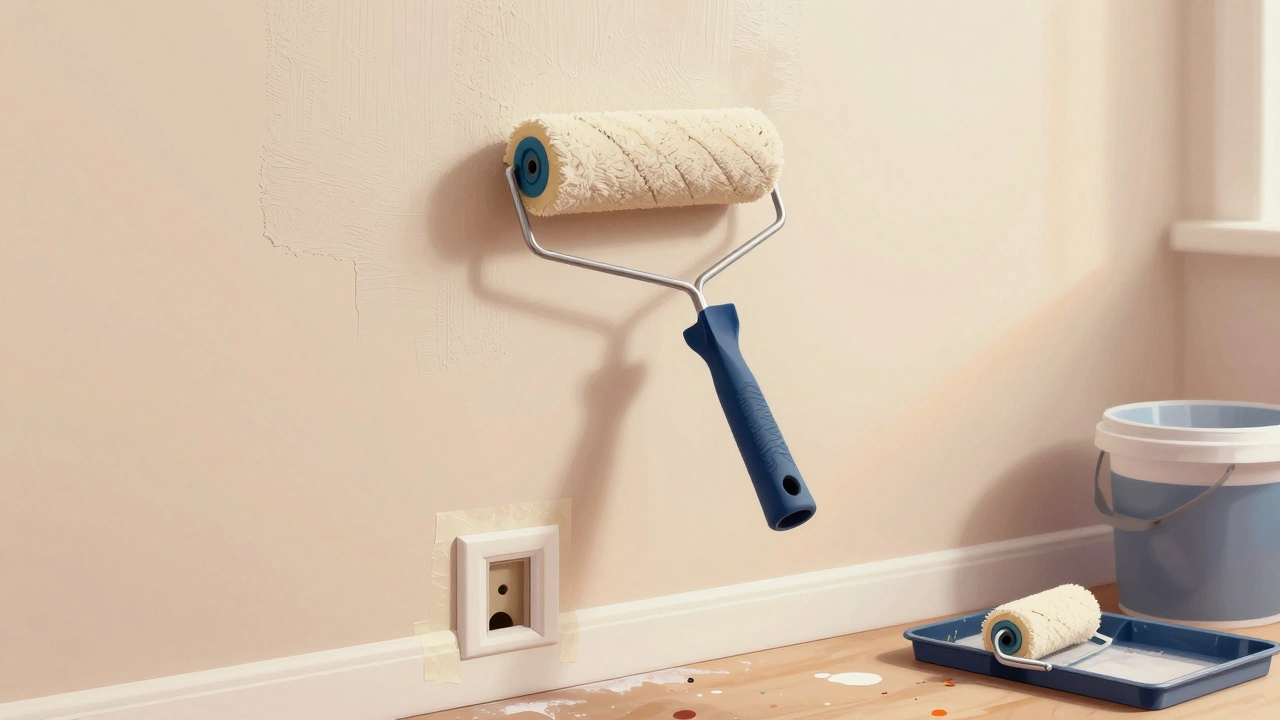 Ein Malerrolle wird auf einer großen Wand gleichmäßig mit Farbe belegt.