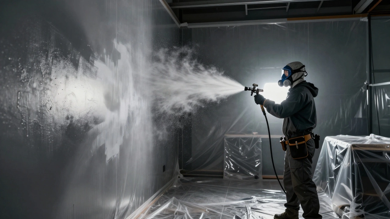 Ein Sprühsystem verteilt Farbnebel auf einer Wand, der Anwender trägt Atemschutz.