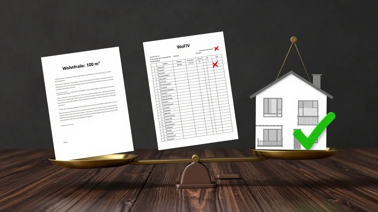 Eine Waage vergleicht eine vertraglich angegebene Wohnfläche mit einer korrekten WoFIV-Berechnung.