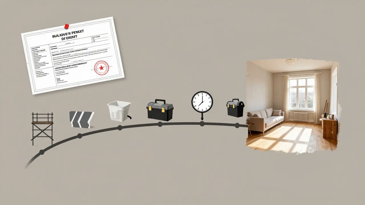 Eine zeitliche Spirale, die den Prozess einer Sanierung von Planung bis zur fertigen Wohnung zeigt.