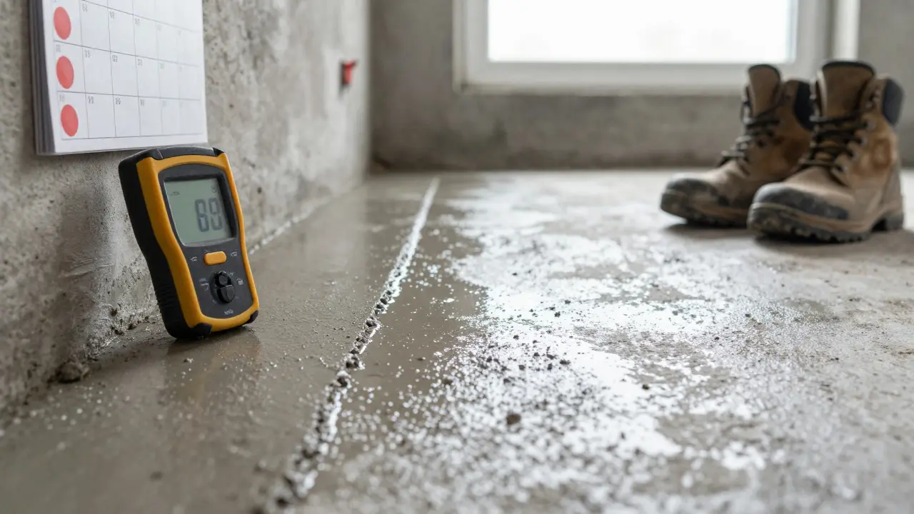 Frisch gegossener Estrich mit einem Feuchtigkeitsmesser und einem Kalender, der die sechswöchige Trockenzeit markiert.