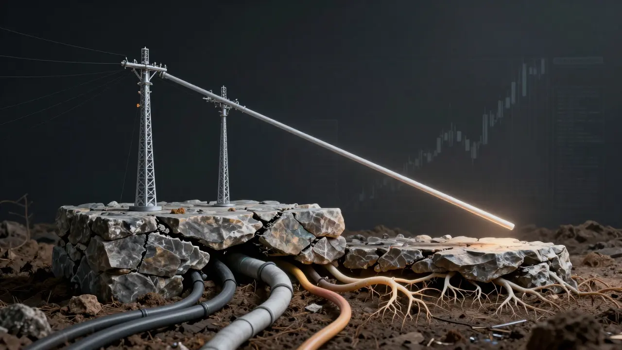 Fundament mit verborgenen Versorgungsleitungen, die wie Wurzeln ins Haus hineinwachsen, symbolisch für verborgene Kosten.