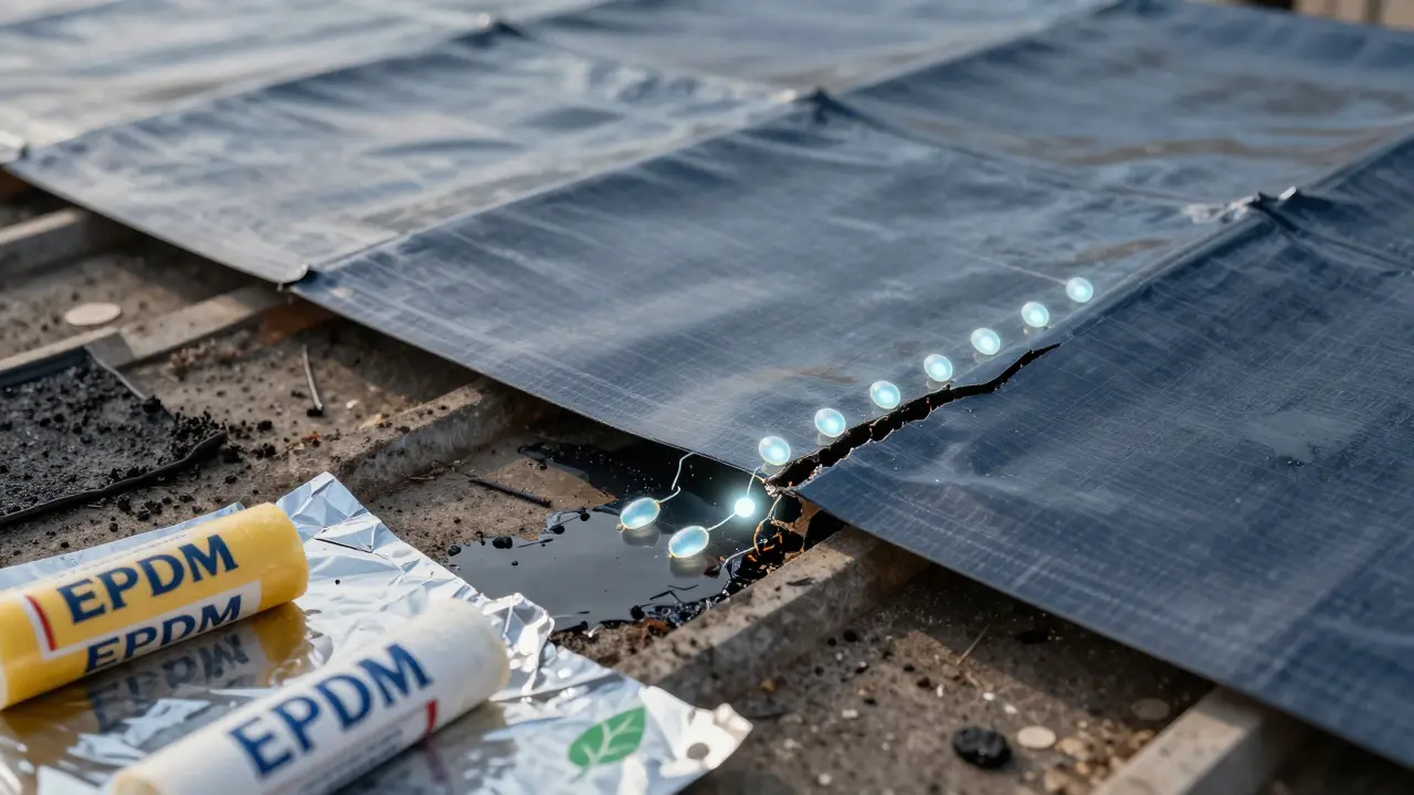 Futuristische selbstheilende Dachbahn mit leuchtenden Abdichtungskapseln, neben traditionellen Reparaturmaterialien.