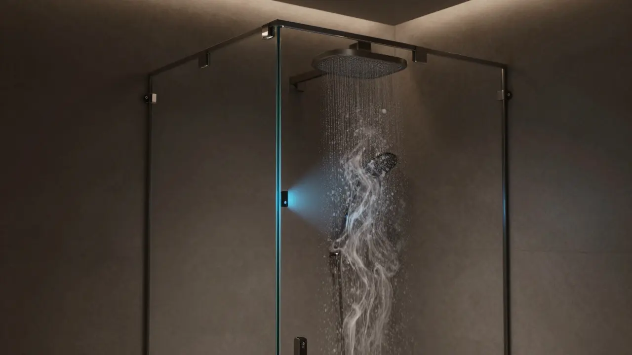 Intelligente Duschwand mit magnetischer Dichtung und Feuchtigkeitssensor, der Luftfeuchtigkeit erkennt.