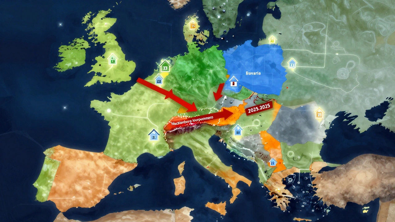 Karte Deutschlands mit farbigen Förderströmen für Wohnraum in den Bundesländern.