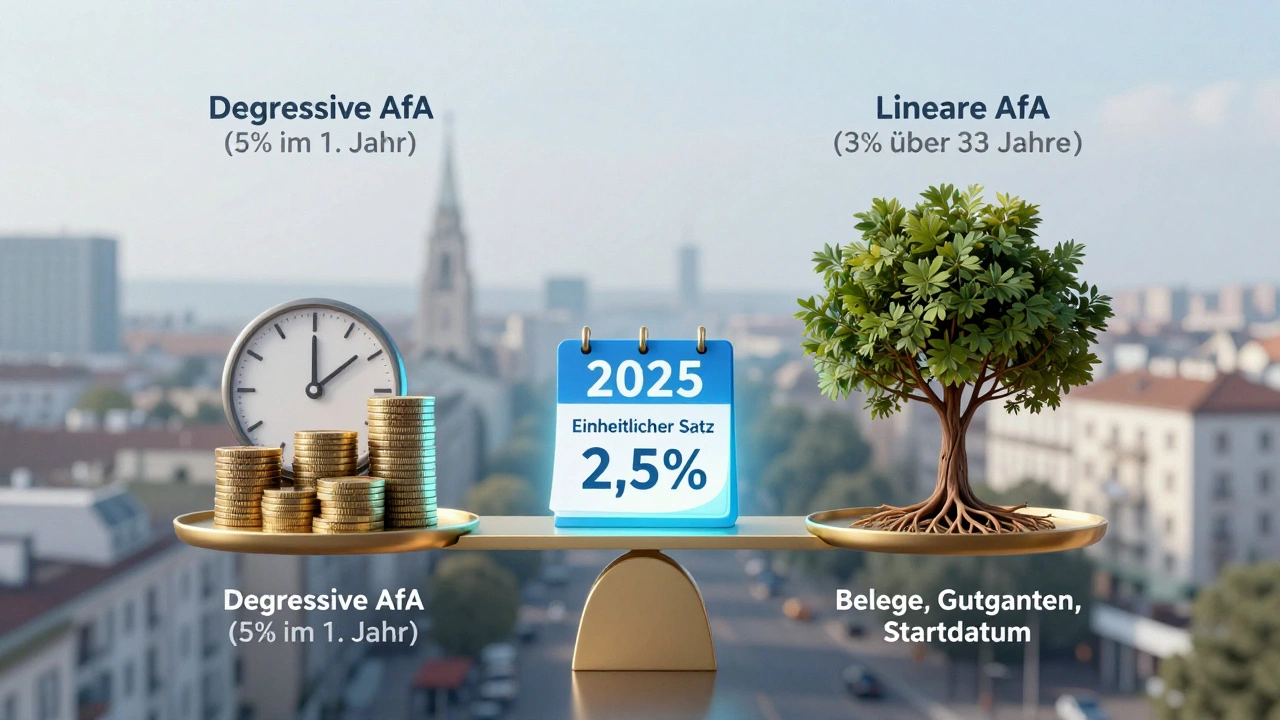 Konzeptuelles Bild: Degressive vs. lineare Abschreibung auf einer Waage mit 2025-Steuerreform-Hintergrund.