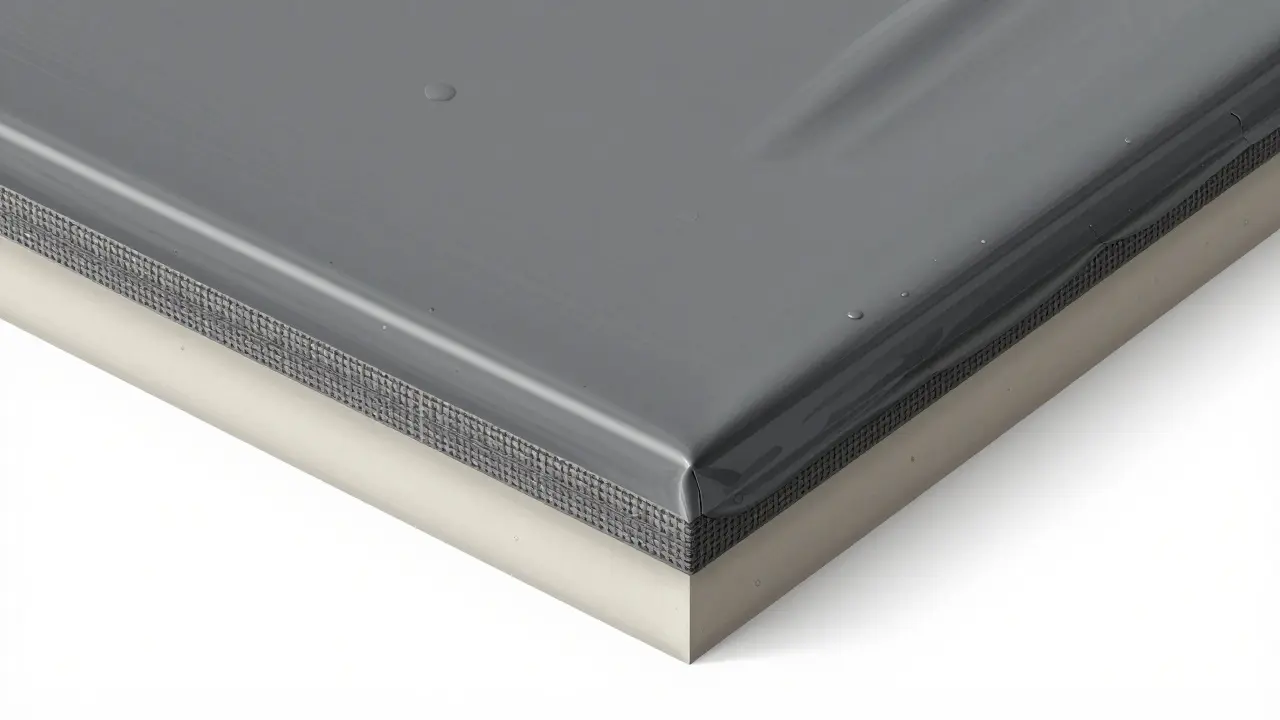 Mehrschichtige Abdichtung einer Duschwanne mit Flüssigdichtung und Armierungsgewebe an der Wand-Boden-Fuge.