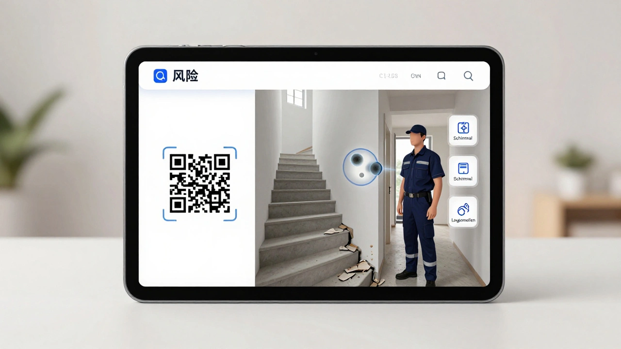 Mitarbeiter nutzt Tablet mit AR-App, um Gefahren wie Feuchtigkeit und Treppendefekte vor Ort zu erkennen.