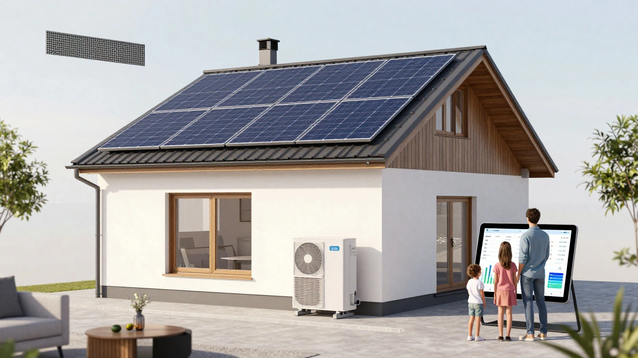 Modernes Einfamilienhaus mit Photovoltaik, Wärmepumpe und digitaler Sanierungsanzeige im Jahr 2025, sonnig und energieeffizient.